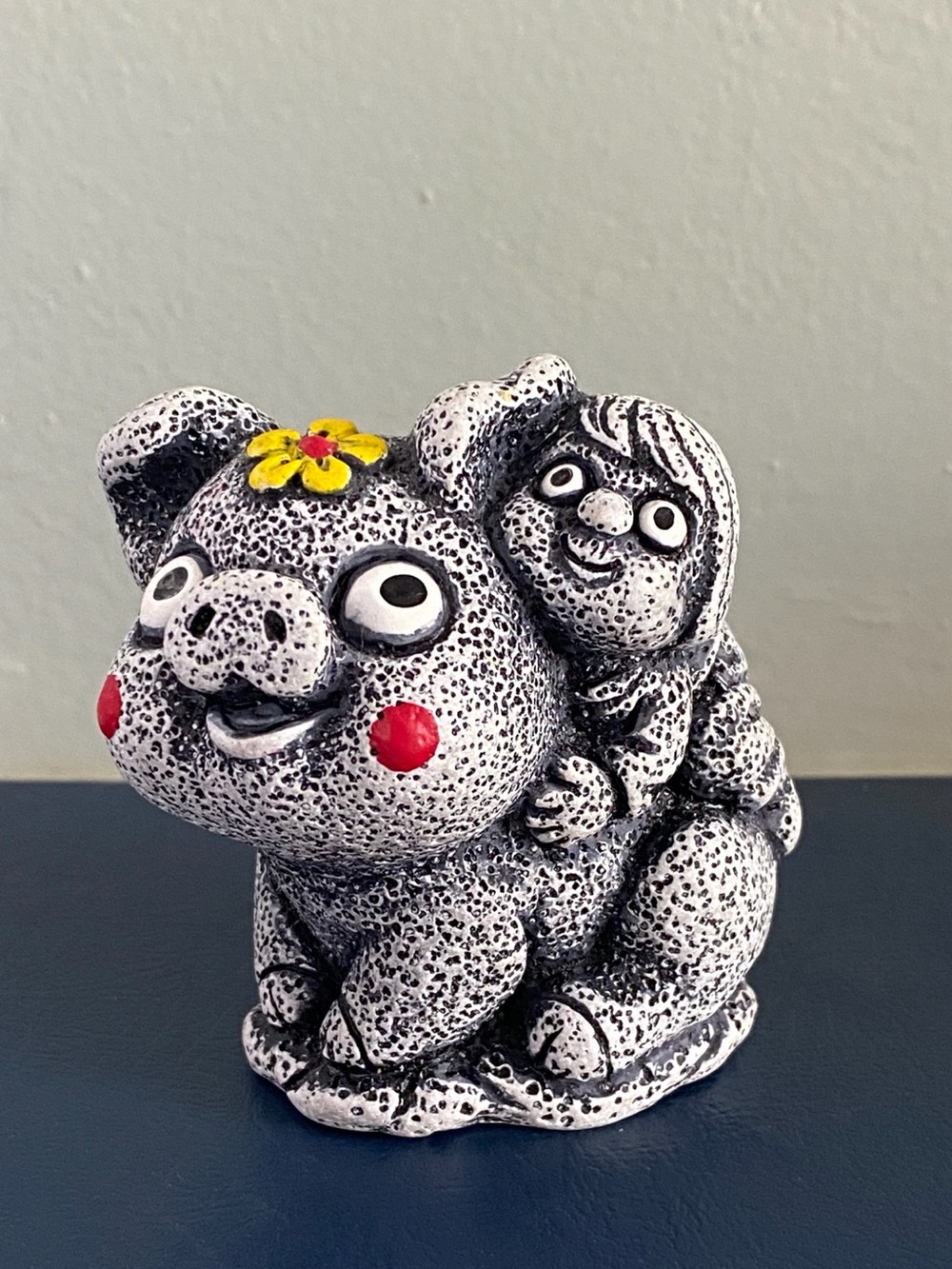 Jeju Island Pig and Girl Native Pig W Girl Basalt Lava Rock Figurine Hareubang